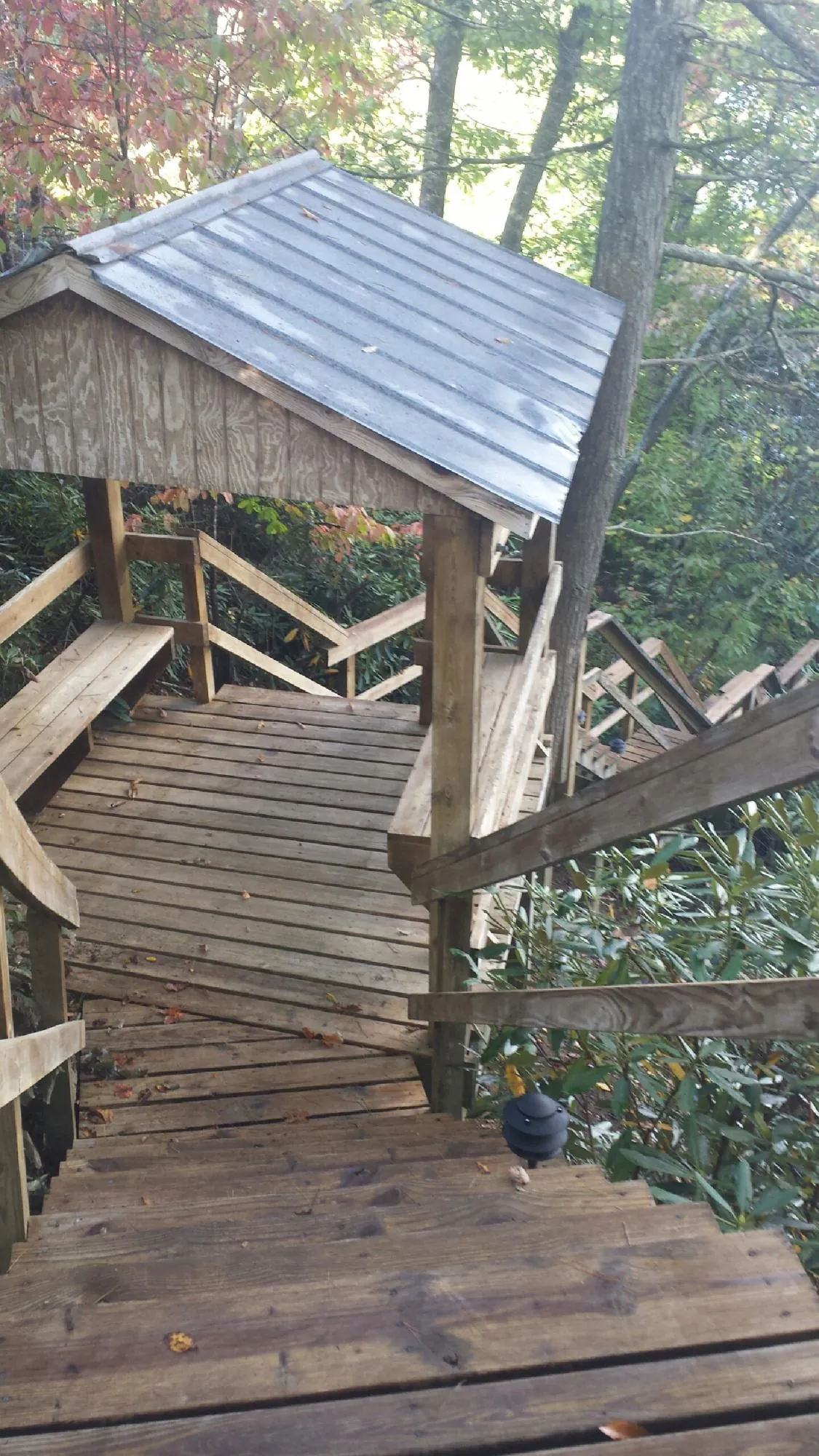 Metal roofed shelter over wooden steps on a wooded walkway — Skylight Repair & Installation work by our crew in White Salmon